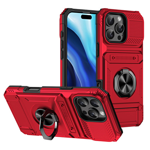 iPhone 16 Pro TPU+PC Shockproof Card Phone Case with Metal Ring Holder - Red