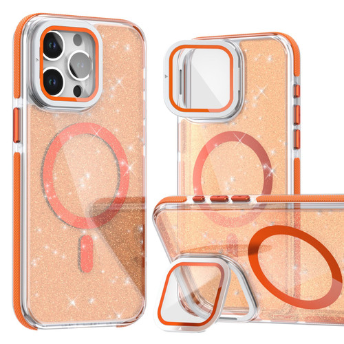 iPhone 16 Pro Two-color Glitter Powder Lens Holder Magsafe Phone Case - Orange