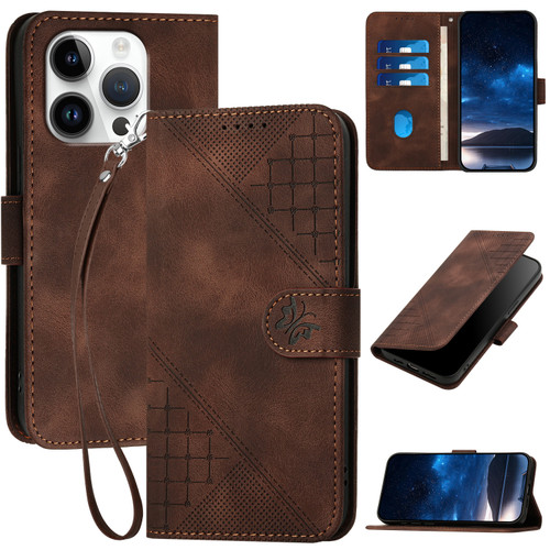 iPhone 16 Pro YX0080 Grid Butterfly Embossed Pattern Flip Leather Phone Case with Lanyard - Coffee