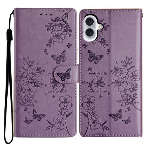 iPhone 16 Plus Butterflies and Flowers Leather Phone Case - Purple