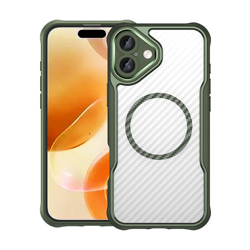 iPhone 16 Plus Carbon Fiber Texture MagSafe Translucent Phone Case - Green