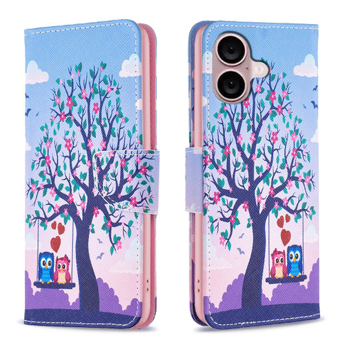 iPhone 16 Plus Colored Drawing Pattern Flip Leather Phone Case - Owl