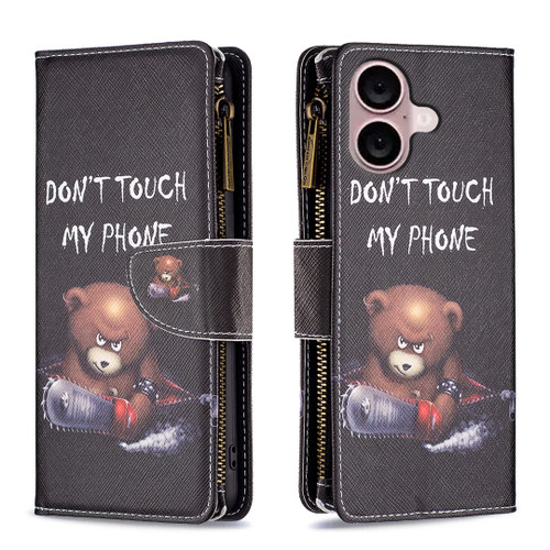 iPhone 16 Plus Colored Drawing Pattern Zipper Phone Leather Case - Bear