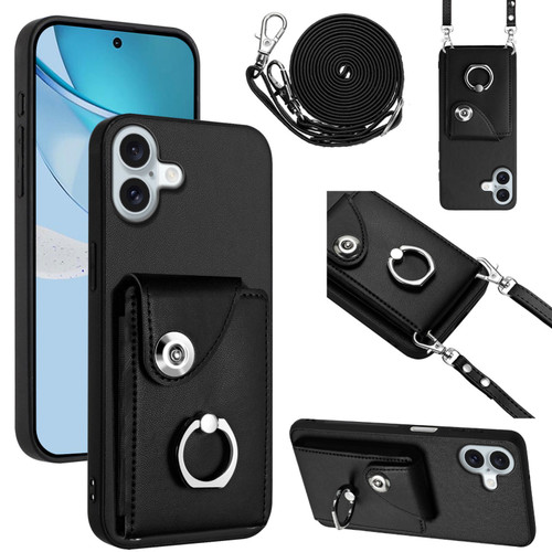 iPhone 16 Plus Organ Card Bag Ring Holder Phone Case with Long Lanyard - Black