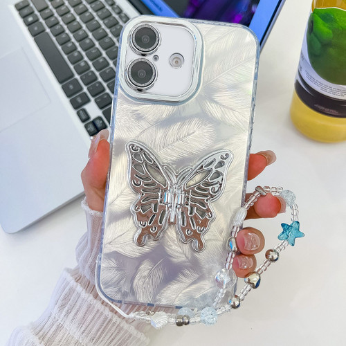 iPhone 16 Plus Plating Glitter Lens Film Texture Butterfly Holder Wristband Phone Case - White Feathers