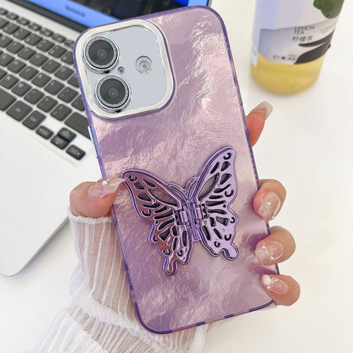 iPhone 16 Plus Plating Glitter Texture Butterfly Holder TPU Phone Case with Lens Film - Purple Tinfoil Texture