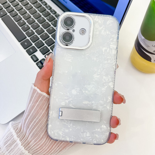 iPhone 16 Plus Plating Glitter Texture Fold Holder TPU Phone Case with Lens Film - White Shell Pattern