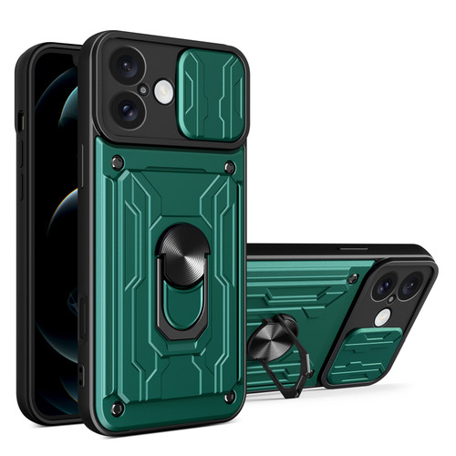 iPhone 16 Plus Sliding Camshield TPU+PC Phone Case with Card Slot - Dark Green