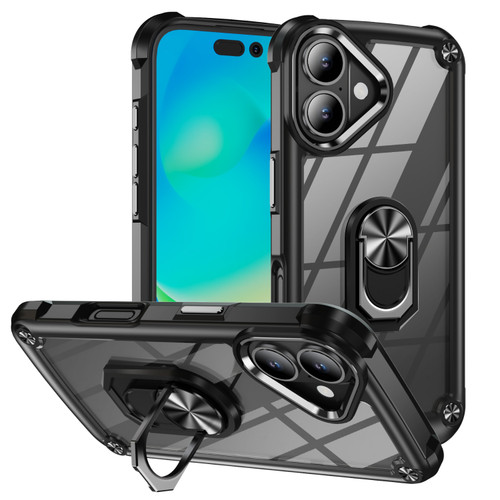 iPhone 16 Plus TPU + PC Lens Protection Phone Case with Ring Holder - Black