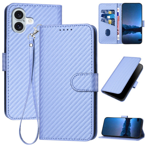 iPhone 16 Plus YX0070 Carbon Fiber Buckle Leather Phone Case with Lanyard - Light Purple