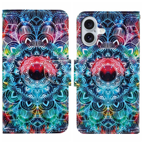 iPhone 16 3D Colored Drawing Flip Leather Phone Case - Mandala