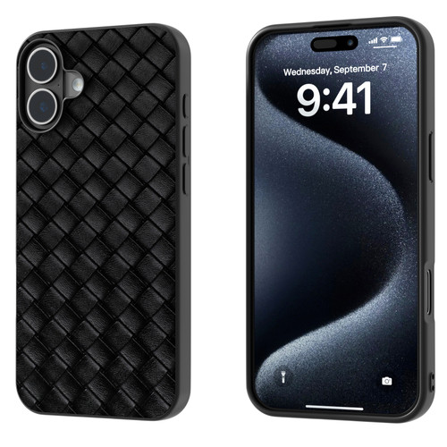 iPhone 16 Black Frame Woven Texture PU Phone Case - Black