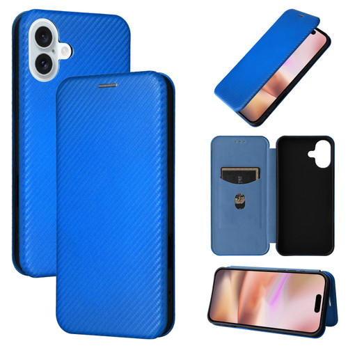 iPhone 16 Carbon Fiber Texture Flip Leather Phone Case - Blue