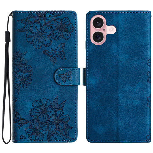 iPhone 16 Cherry Blossom Butterfly Skin Feel Embossed PU Phone Case - Blue