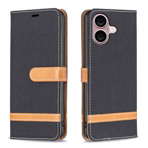 iPhone 16 Color Block Denim Texture Leather Phone Case - Black