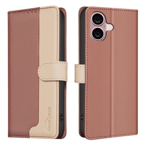 iPhone 16 Color Matching RFID Anti-theft Leather Phone Case - Brown