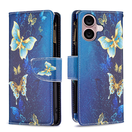 iPhone 16 Colored Drawing Pattern Zipper Phone Leather Case - Gold Butterfly