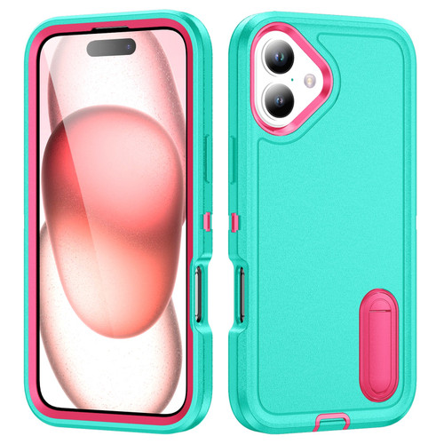 iPhone 16 Rugged PC + Silicone Phone Case with Holder - Light Green+Rose Red