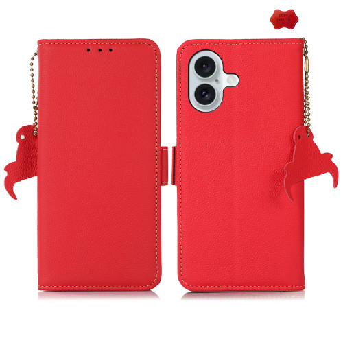 iPhone 16 Side-Magnetic TJ Genuine Leather RFID Phone Case - Red