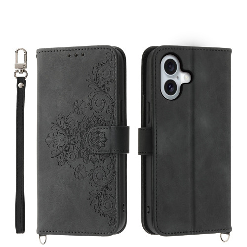 iPhone 16 Skin-feel Flowers Embossed Wallet Leather Phone Case - Black