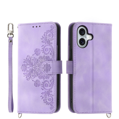 iPhone 16 Skin-feel Flowers Embossed Wallet Leather Phone Case - Purple