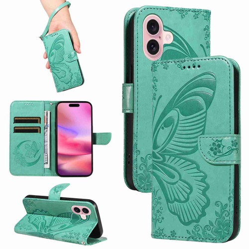 iPhone 16 Swallowtail Butterfly Embossed Leather Phone Case - Green