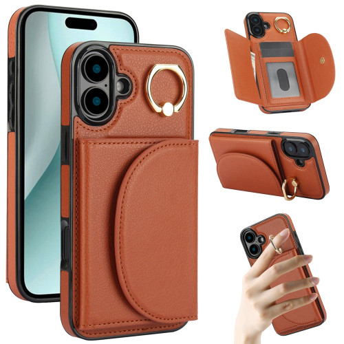 iPhone 16 YM007 Ring Holder Card Bag Skin Feel Phone Case - Brown