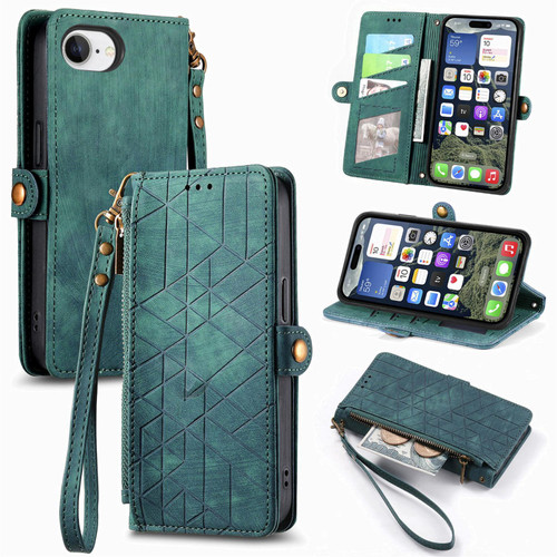 iPhone 16e Geometric Zipper Wallet Side Buckle Leather Phone Case - Green
