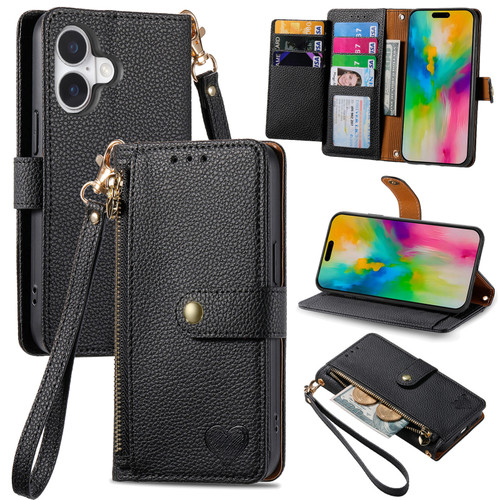 iPhone 16 Love Zipper Lanyard Leather Phone Case - Black