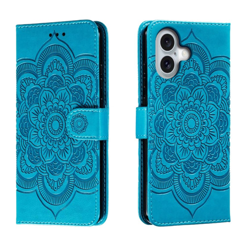 iPhone 16 Mandala Embossing Pattern Horizontal Flip Leather Phone Case - Blue