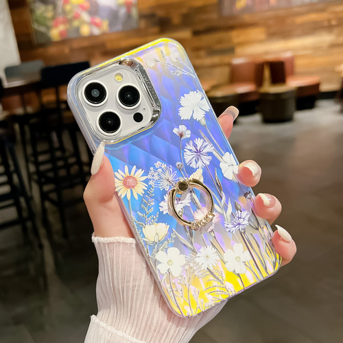 iPhone 16 Pro Max Electroplating Laser Flower Ring Holder TPU Phone Case - Chrysanthemum AH5