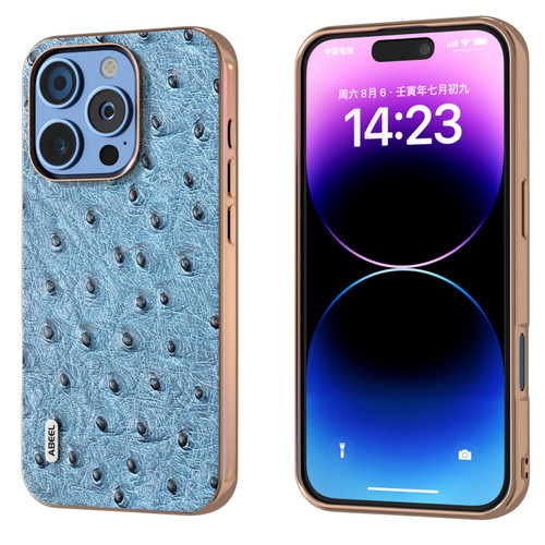 iPhone 16 Pro ABEEL Electroplating Frame Genuine Leather Ostrich Texture Phone Case - Dark Blue