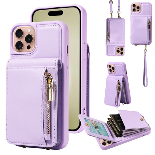 iPhone 16 Pro Crossbody Lanyard Zipper Wallet Leather Phone Case - Purple