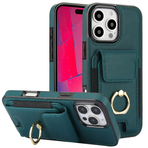 iPhone 16 Pro Elastic Card Bag Ring Holder Phone Case - Dark Green