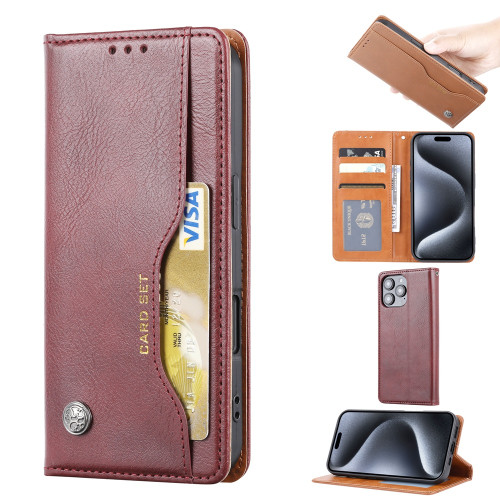 iPhone 16 Pro Knead Skin Texture Flip Leather Phone Case - Wine Red