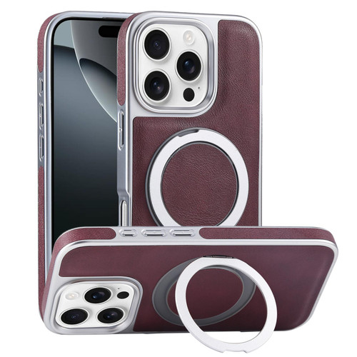 iPhone 16 Pro Plated Leather Grain Rotation MagSafe Holder Phone Case - Dark Red