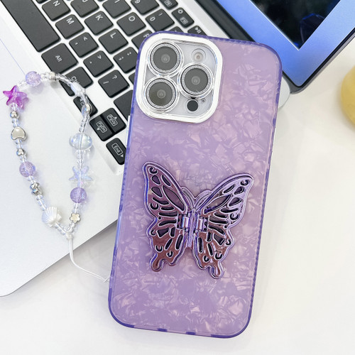 iPhone 16 Pro Plating Glitter Lens Film Texture Butterfly Holder Wristband Phone Case - Purple Shell Pattern