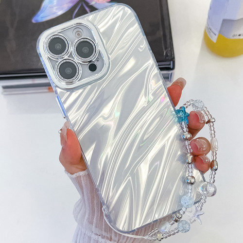 iPhone 16 Pro Plating Glitter Texture Chain Wristband TPU Phone Case with Lens Film - White Water Ripples