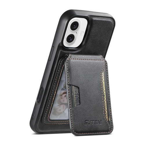iPhone 16 Plus Suteni M3 Card Bag MagSafe Cowhide Texture Leather Phone Case - Black