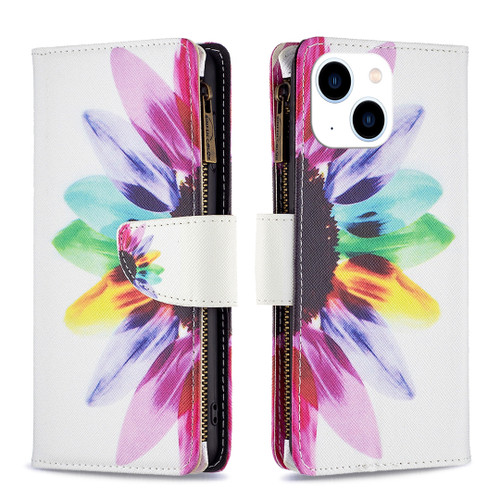 iPhone 15 Colored Drawing Pattern Zipper Phone Leather Case - Sun Flower