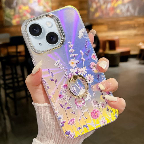 iPhone 15 Electroplating Laser Flower Ring Holder TPU Phone Case - Flower AH1
