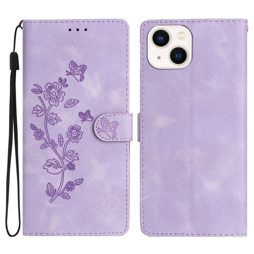 iPhone 15 Flower Butterfly Embossing Pattern Leather Phone Case - Purple
