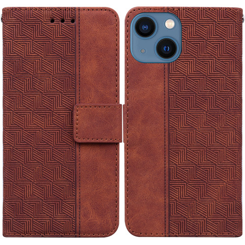iPhone 15 Geometric Embossed Leather Phone Case - Brown