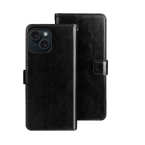 iPhone 15 idewei Crazy Horse Texture Leather Phone Case with Holder - Black