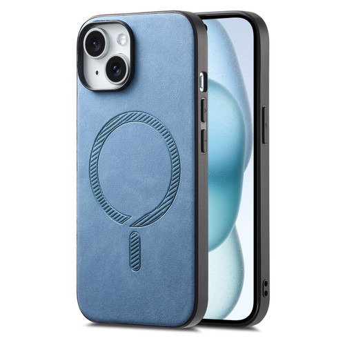 iPhone 15 Solid Color Retro Magsafe PU Back Cover Phone Case - Blue
