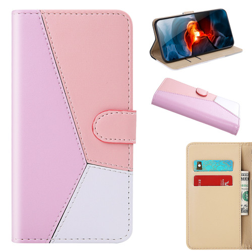 iPhone 15 Tricolor Stitching Horizontal Flip Leather Phone Case - Pink