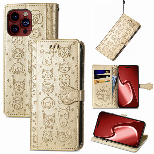 iPhone 15 Pro Max Cat and Dog Embossed Leather Phone Case - Gold