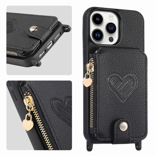 iPhone 15 Pro Max Crossbody Love Zipper Leather Back Phone Case - Black