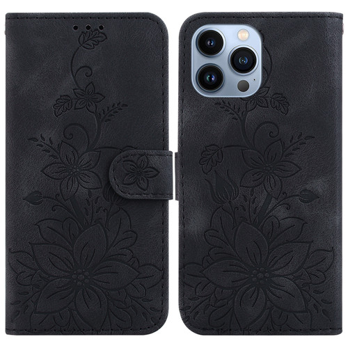 iPhone 15 Pro Max Lily Embossed Leather Phone Case - Black