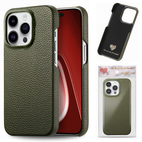 iPhone 15 Pro Max Litchi Oil Edge Leather Back Phone Case - Green